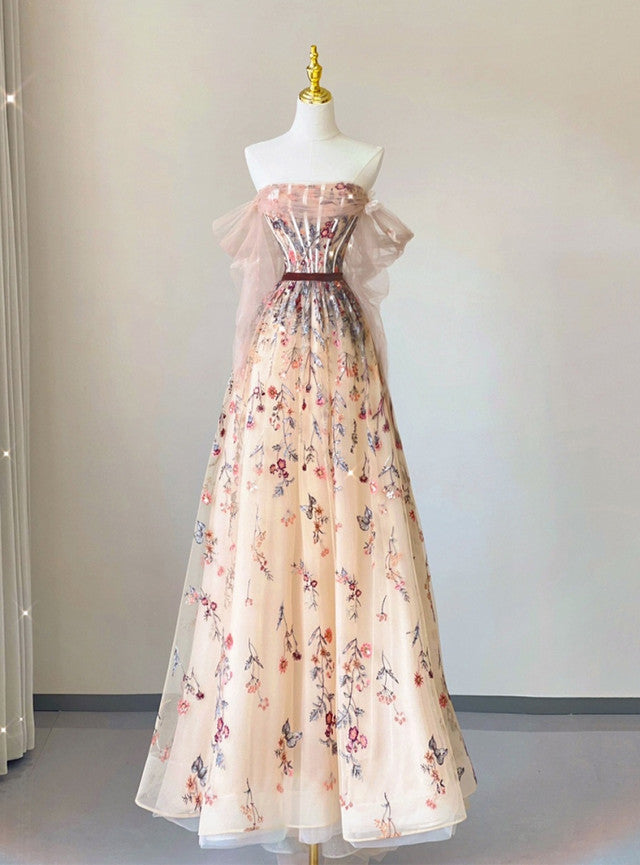 Champagne Tulle Embroidery Flower Prom Dress