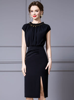 Black Cap Sleeve Split Mother Of The Bride Dress