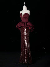 Burgundy Mermaid Sequins Strapless Prom Dress