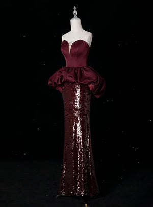 Burgundy Mermaid Sequins Strapless Prom Dress