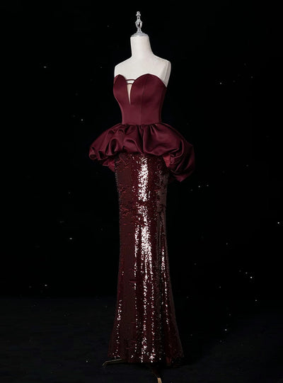 Burgundy Mermaid Sequins Strapless Prom Dress