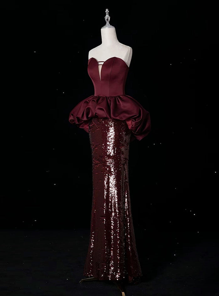 Burgundy Mermaid Sequins Strapless Prom Dress