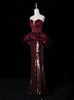 Burgundy Mermaid Sequins Strapless Prom Dress
