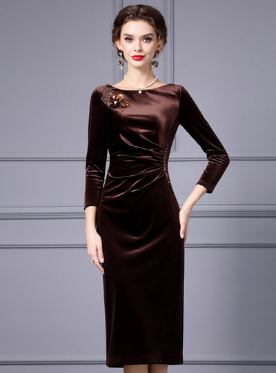 Burgundy Velvet Sequins Mother Of The Bride Dress