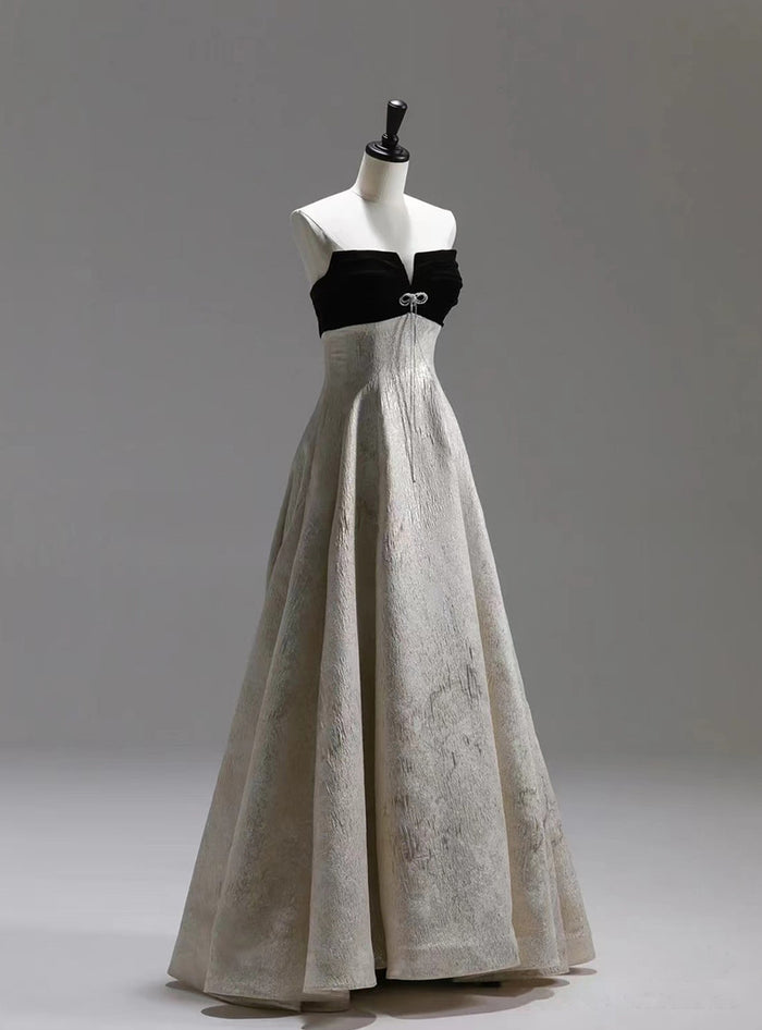 Silver Strapless Black Velvet Prom Dress