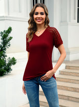 V-neck Lace Stitching Short Sleeve T-shirt