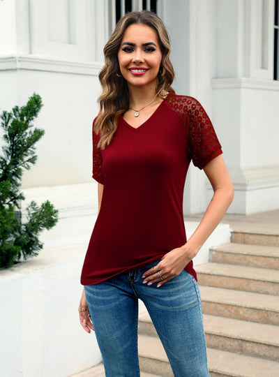 V-neck Lace Stitching Short Sleeve T-shirt