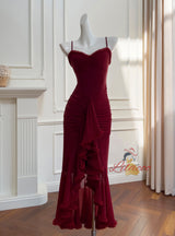 Burgundy Pleats Irregular Suspender Dress