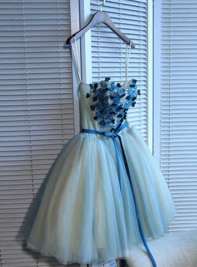 Blue Tulle Straps Appliques Homecoming Dress