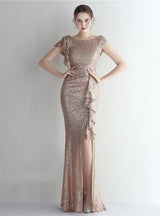 Mermaid Sequins Cap Sleeve Split Prom Dress