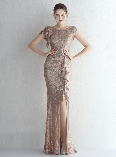Mermaid Sequins Cap Sleeve Split Prom Dress