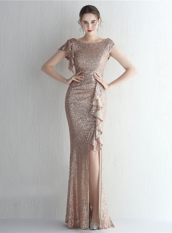Mermaid Sequins Cap Sleeve Split Prom Dress