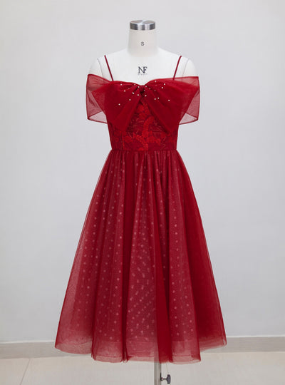 Wine Red Suspender Bow Gauze Dress