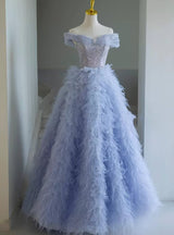 Blue Tulle Sequins Off the Shoulder Prom Dress
