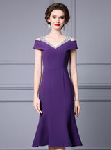 Burgundy V-neck Beading Mother Of The Bride Dress