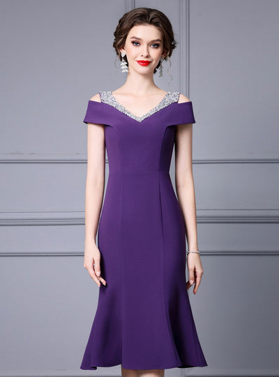 Burgundy V-neck Beading Mother Of The Bride Dress