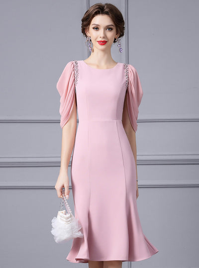 Pink Short Sleeve Beading Mother Of The Bride Dress