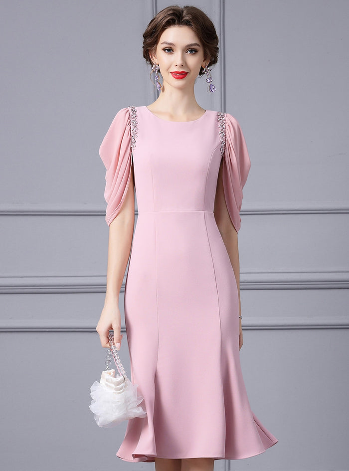 Pink Short Sleeve Beading Mother Of The Bride Dress
