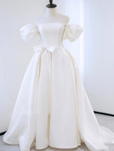 White Satin Puff Sleeve Beading Wedding Dress
