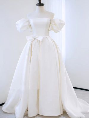 White Satin Puff Sleeve Beading Wedding Dress