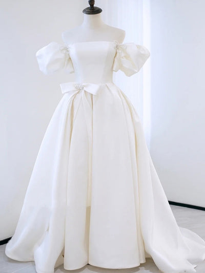 White Satin Puff Sleeve Beading Wedding Dress