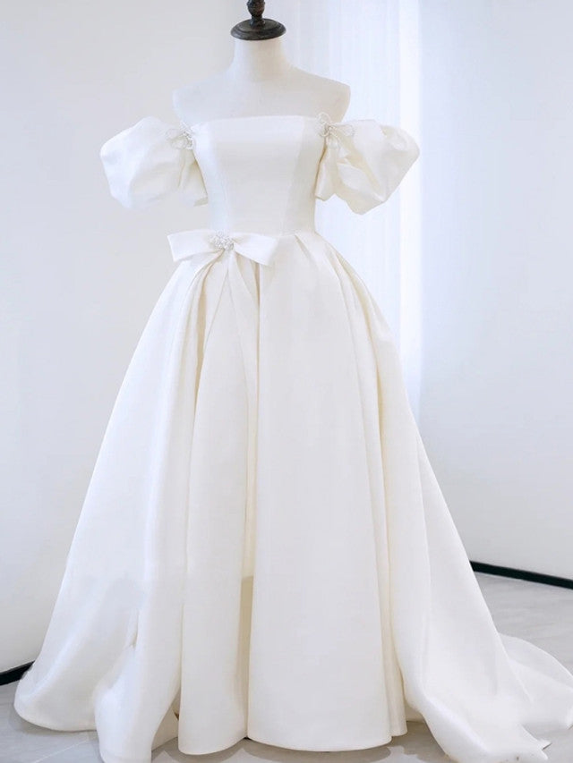 White Satin Puff Sleeve Beading Wedding Dress