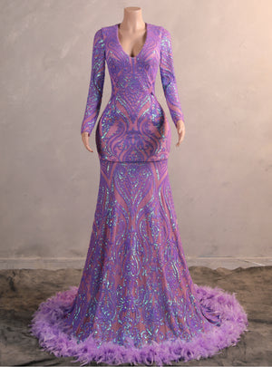 Purple V-neck Long Sleeve Feather Prom Dress
