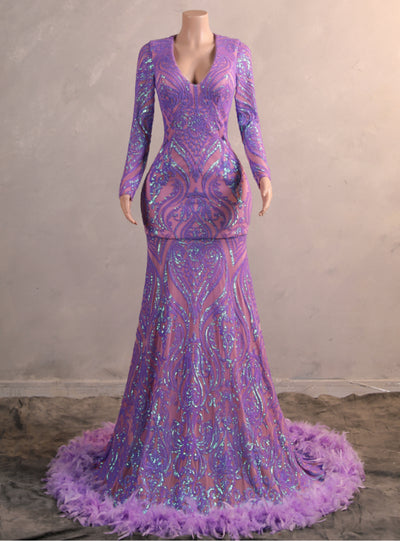 Purple V-neck Long Sleeve Feather Prom Dress