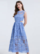 Blue Hollow Lace Sleeveless Dress