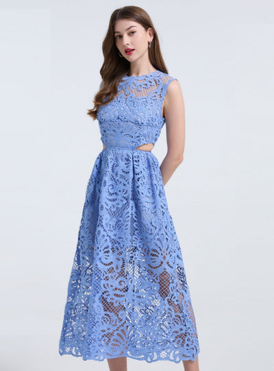 Blue Hollow Lace Sleeveless Dress