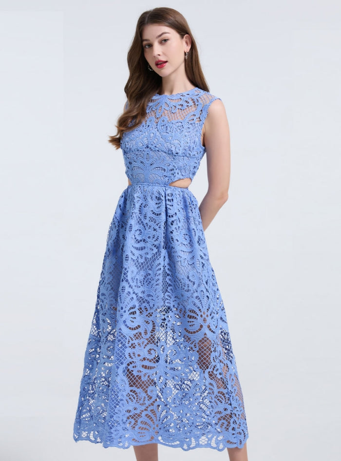 Blue Hollow Lace Sleeveless Dress