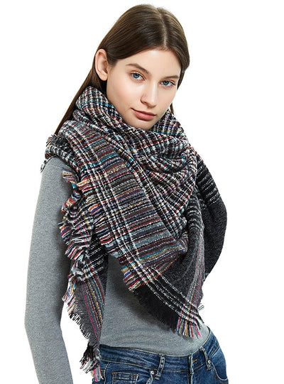 Fine Plaid Thick Fringed Scarf Shawl