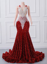 Burgundy Mermaid Sequins Lace Prom Dress