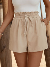 Solid Color Elastic Waist Ruffled Shorts