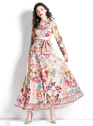 Retro Palace Style Lapel Long Sleeve Printed Dress