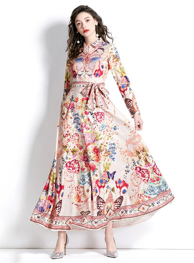 Retro Palace Style Lapel Long Sleeve Printed Dress