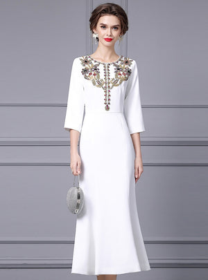 White Short Sleeve Crystal Mother Of The Bride Dress