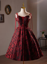A-Line Burgundy Print Straps Homecoming Dress