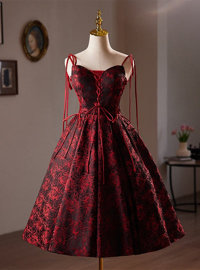 A-Line Burgundy Print Straps Homecoming Dress