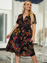 V-neck Lace-up Short Sleeve Printed Dress