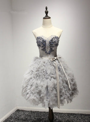 Gray Tulle Beading Strapless Homecoming Dress