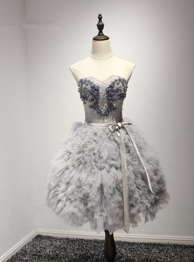 Gray Tulle Beading Strapless Homecoming Dress