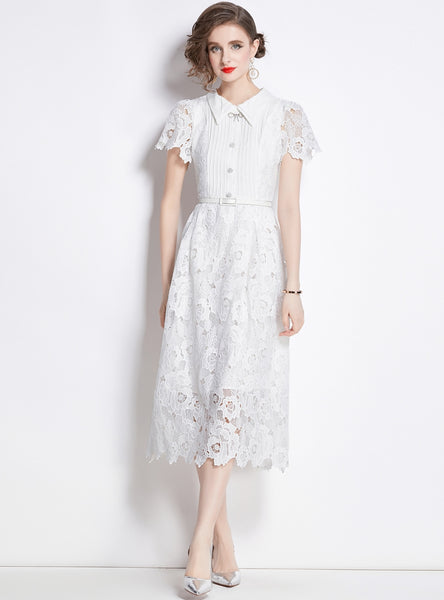 Lace Retro Bubble Sleeve White Dress