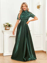 Short Sleeve Satin High Neck Prom Dress