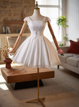 White Satin Lace Pleats Wedding Dress