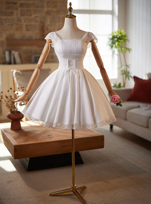 White Satin Lace Pleats Wedding Dress