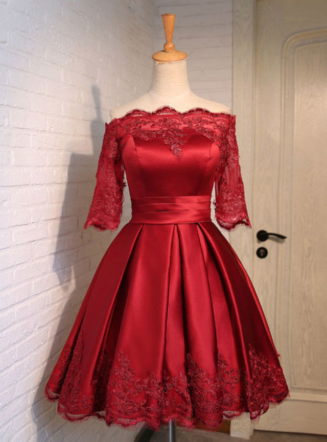Burgundy Satin Short Sleeve Appliques Homecoming Dress