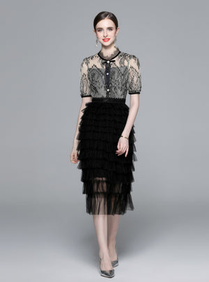 Short-sleeved Bow Lace Gauze Dress