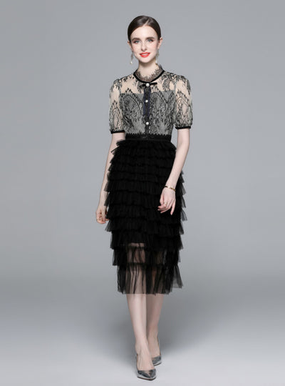 Short-sleeved Bow Lace Gauze Dress