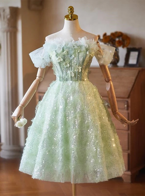Green Sequins Flower Homecoming Dress